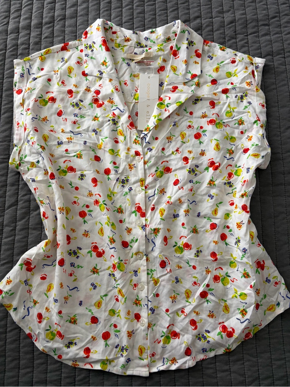 Cooper & Ella Citrus Print Blouse White Fruit Floral Button Front NWT Sz L